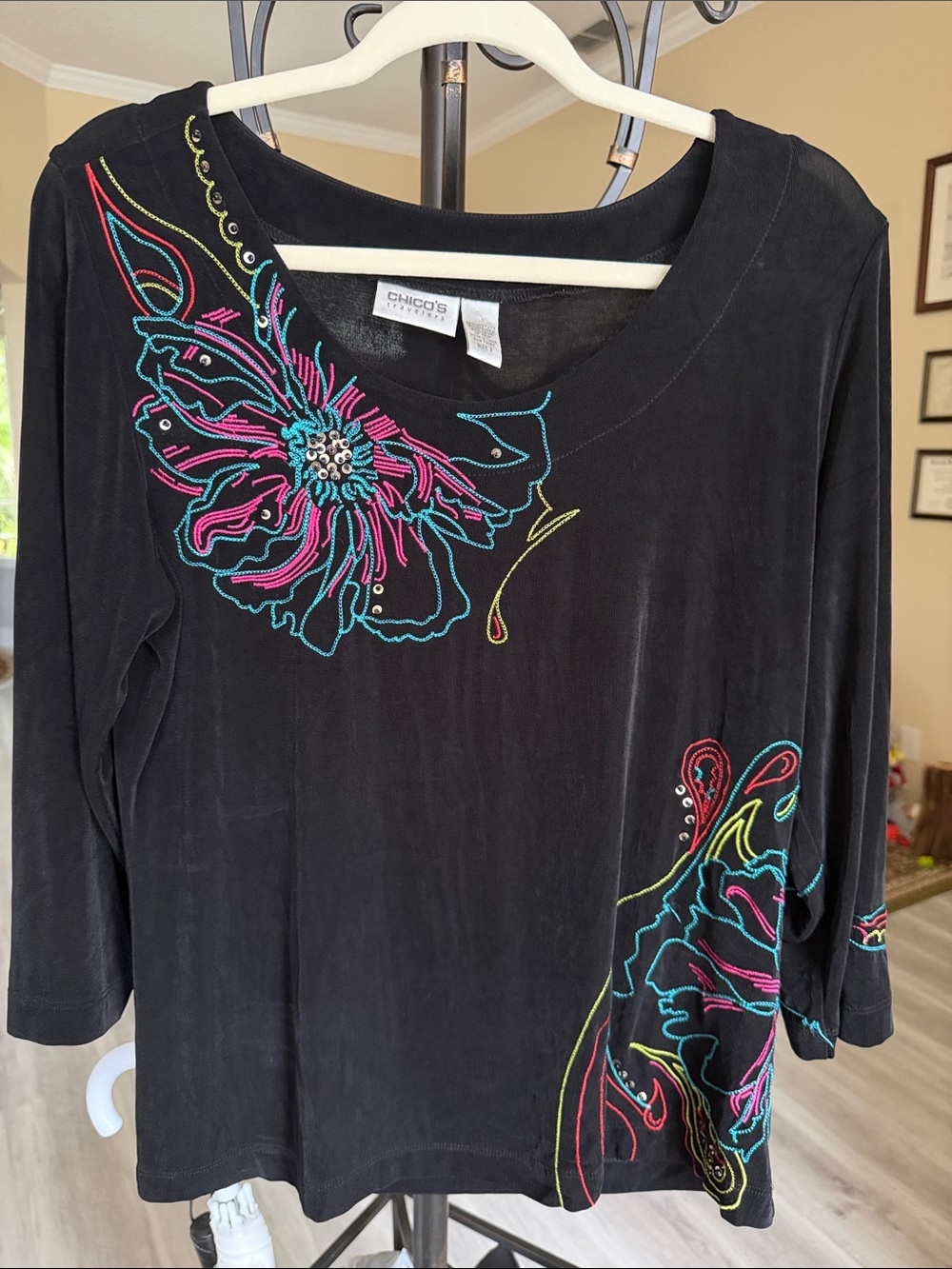 Chico's Black Long-Sleeve Scoop Neck Top with Neon Floral Embroidery